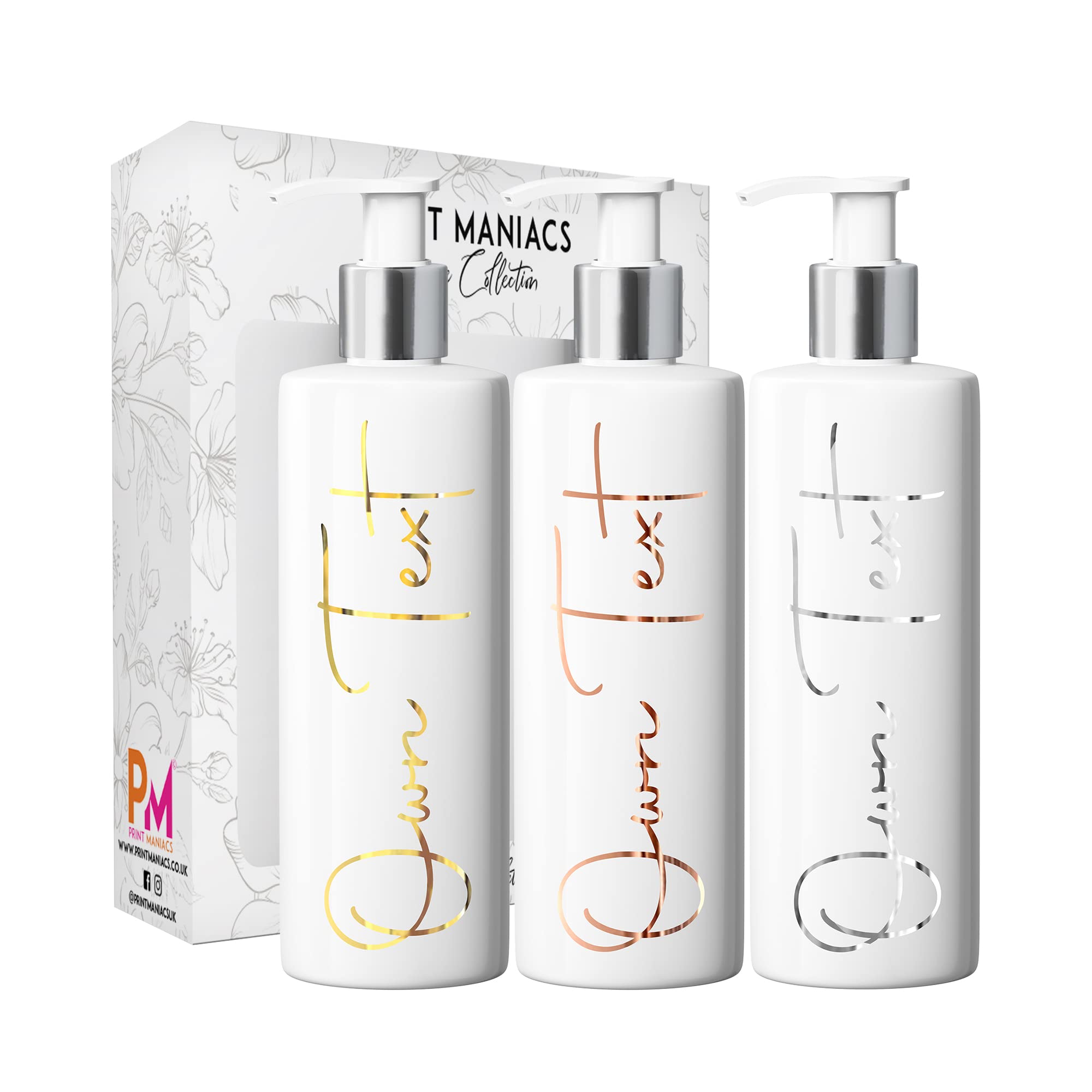 Print Maniacs Personalised Create your own Set Mrs Hinch Inspired Signature 500ml Dispenser Pump Bottle Add Name Custom Own Text (White, 3 Bottles)