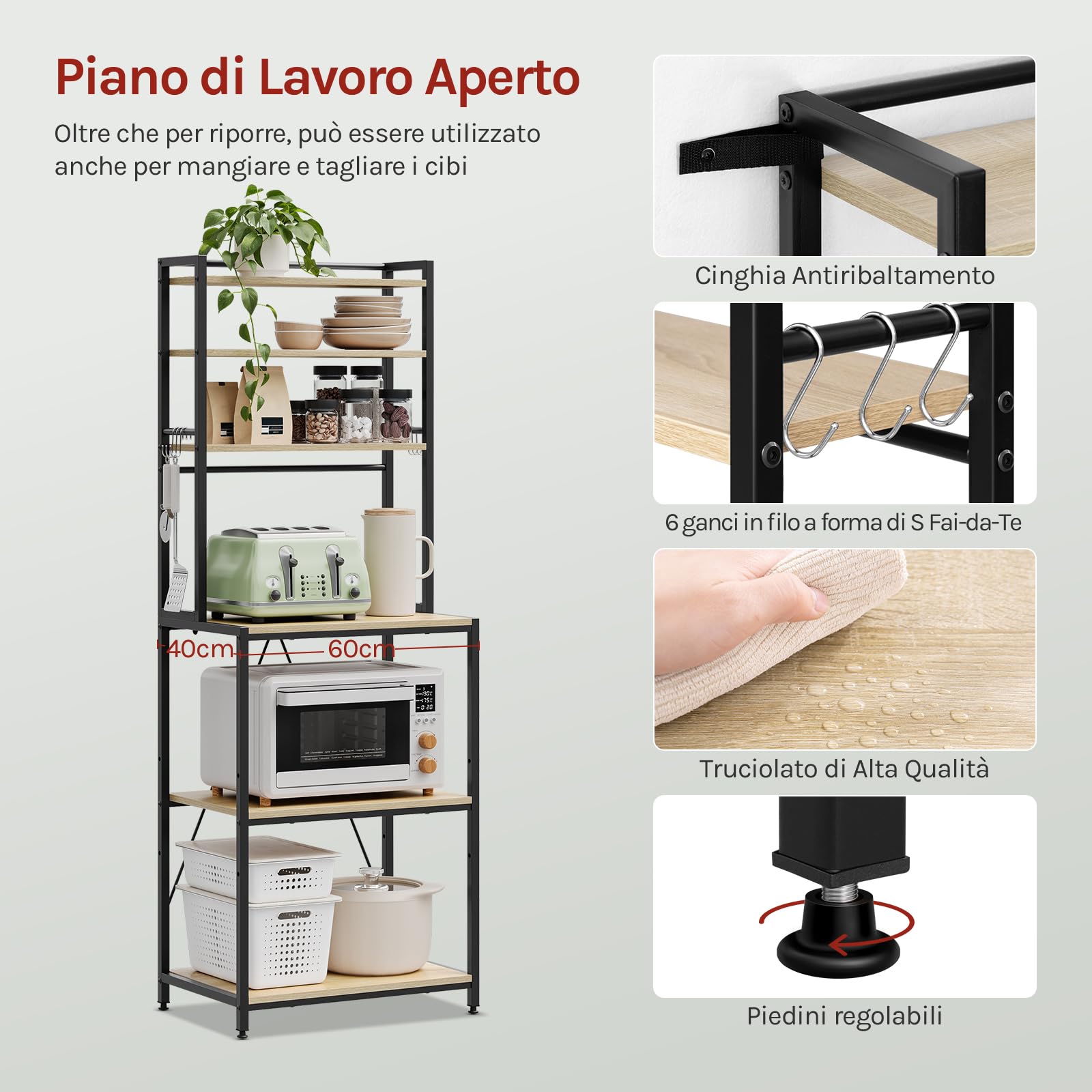 WOLTU Scaffale da Cucina con 6 Ripiani, Scaffale per Microonde con 6 Ganci, Struttura in Metallo, Legno Ingegnerizzato, 60x40x167cm, Rovere Chiaro+Nero