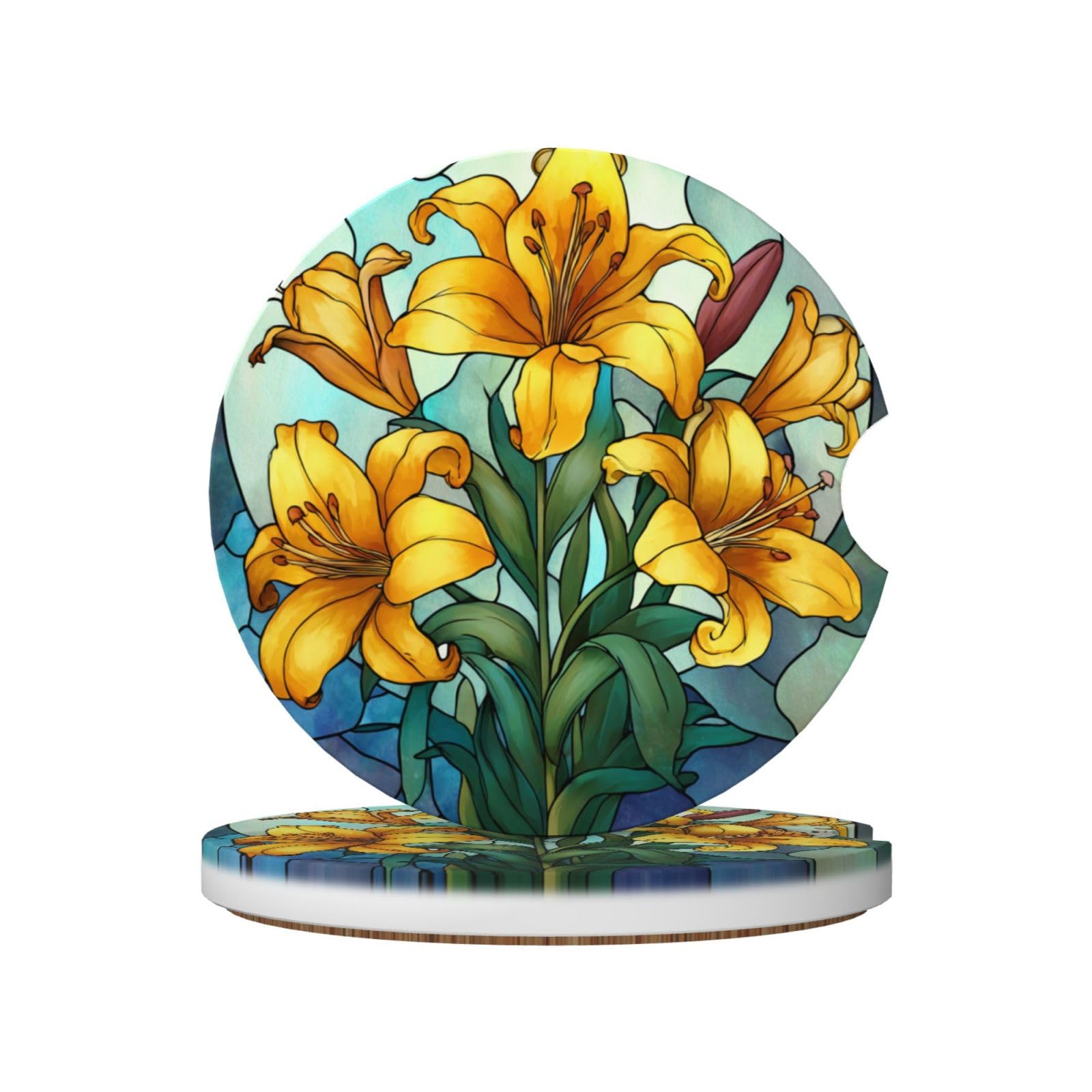 Stained Glass A Bouquet of Yellow Lilies Ceramic Coasters,2pcs
