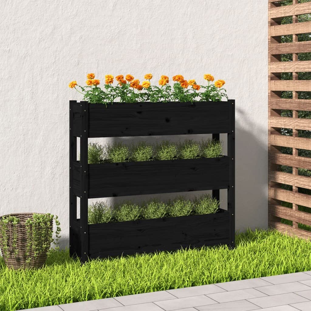 Pflanzkübel Schwarz 112x25x104,5 cm Massivholz Kiefer, 3 Etagen Hochbeet für Garten Balkon Terrasse & Wohnzimmer, Stabiles Blumenregal für Kräuter Blumen und Pflanzen