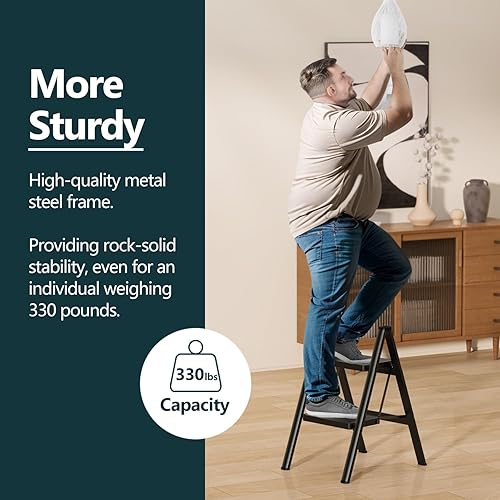 Miniatura 2 de WOA WOA Escalera de 2 escalones, taburete plegable con pedales anchos, taburete portátil para adultos, escaleras de acero resistente para el hogar