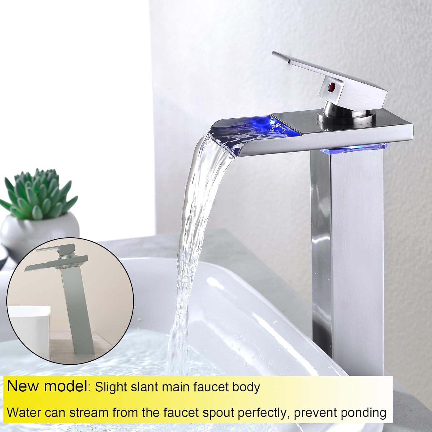 LED Bathroom Faucet, Brushed Nickel Waterfall Tall Vessel Bathroom Sink Faucet 1 Hole Single Handle Brass with Water Supply Hoses