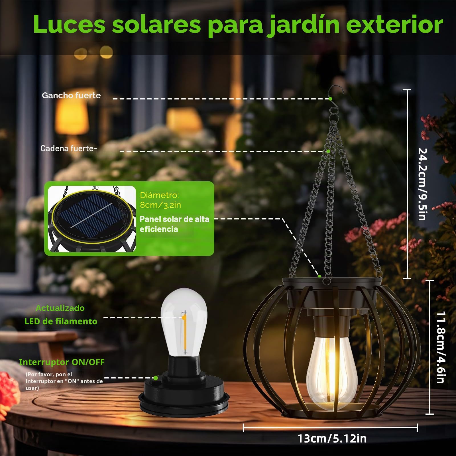 Faroles Solares para Jardín Exterior, Luces Colgantes, IP65 Impermeable, Linterna de Redondo de Metal con Gancho, Lámpara Solar Colgante automático para Jardín Patio, 2 piezas