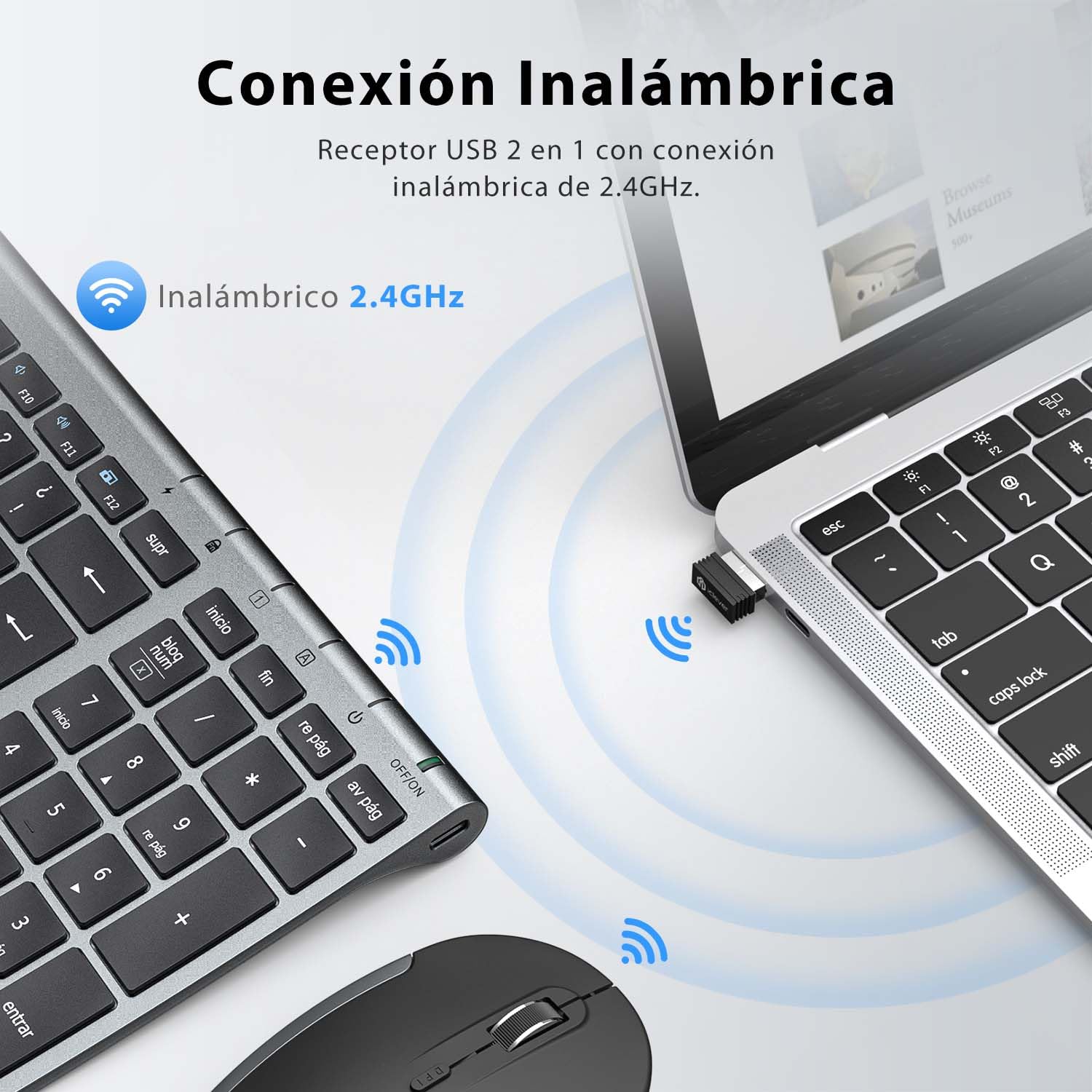 iClever GK03 - Combo de Teclado y Ratón Inalámbricos: QWERTY Español, Conectividad Silenciosa 2.4G, Recargable por USB-C, Diseño Compacto y Delgado - Ideal para iMac/PC/Portátil, Escritura Cómoda