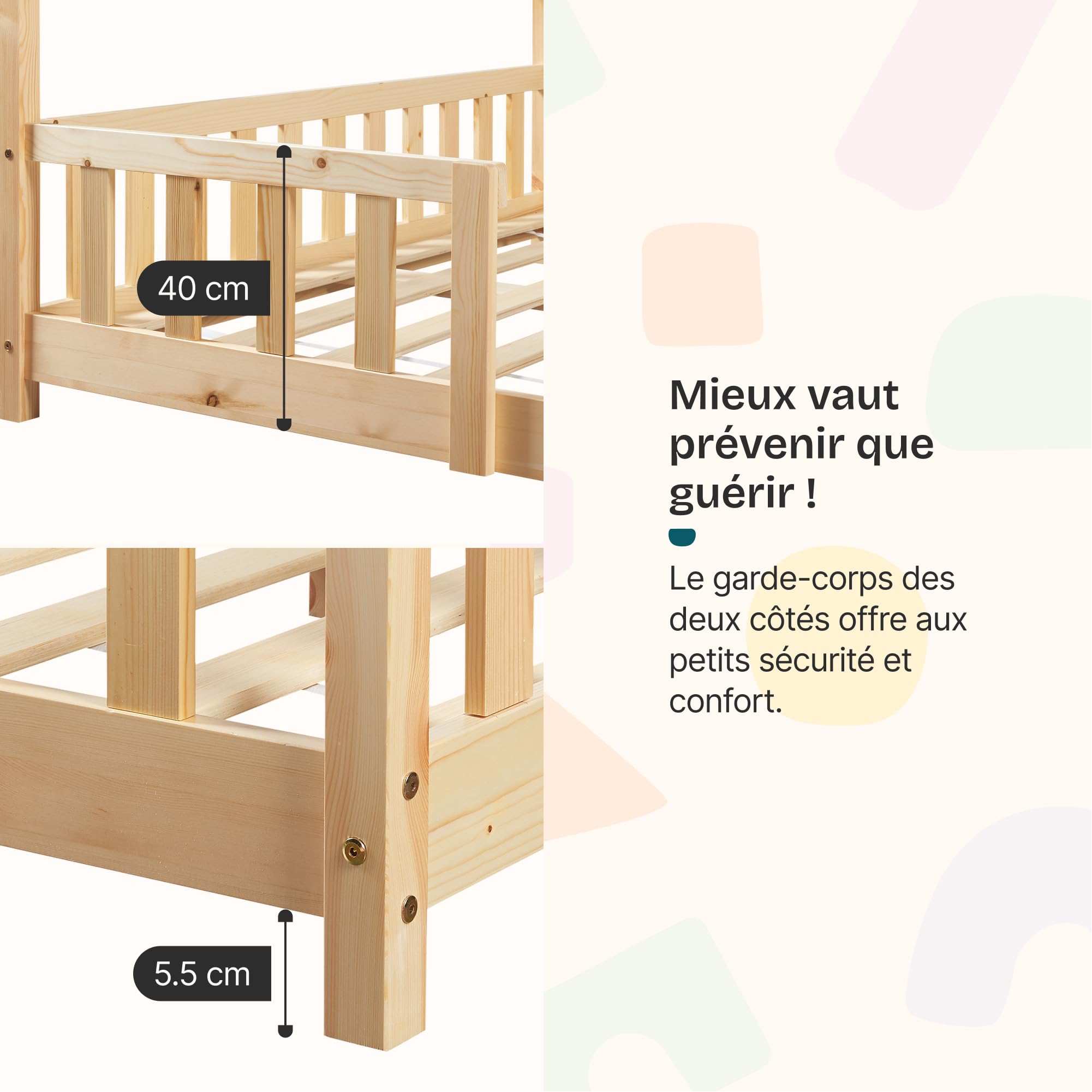 [en.casa] Cama para Niños de Madera Pino Sisimiut con Colchón Espuma Fría 120 x 200 cm Cama Infantil con Reja Protectora Somier Forma de Casita - Pino Natural
