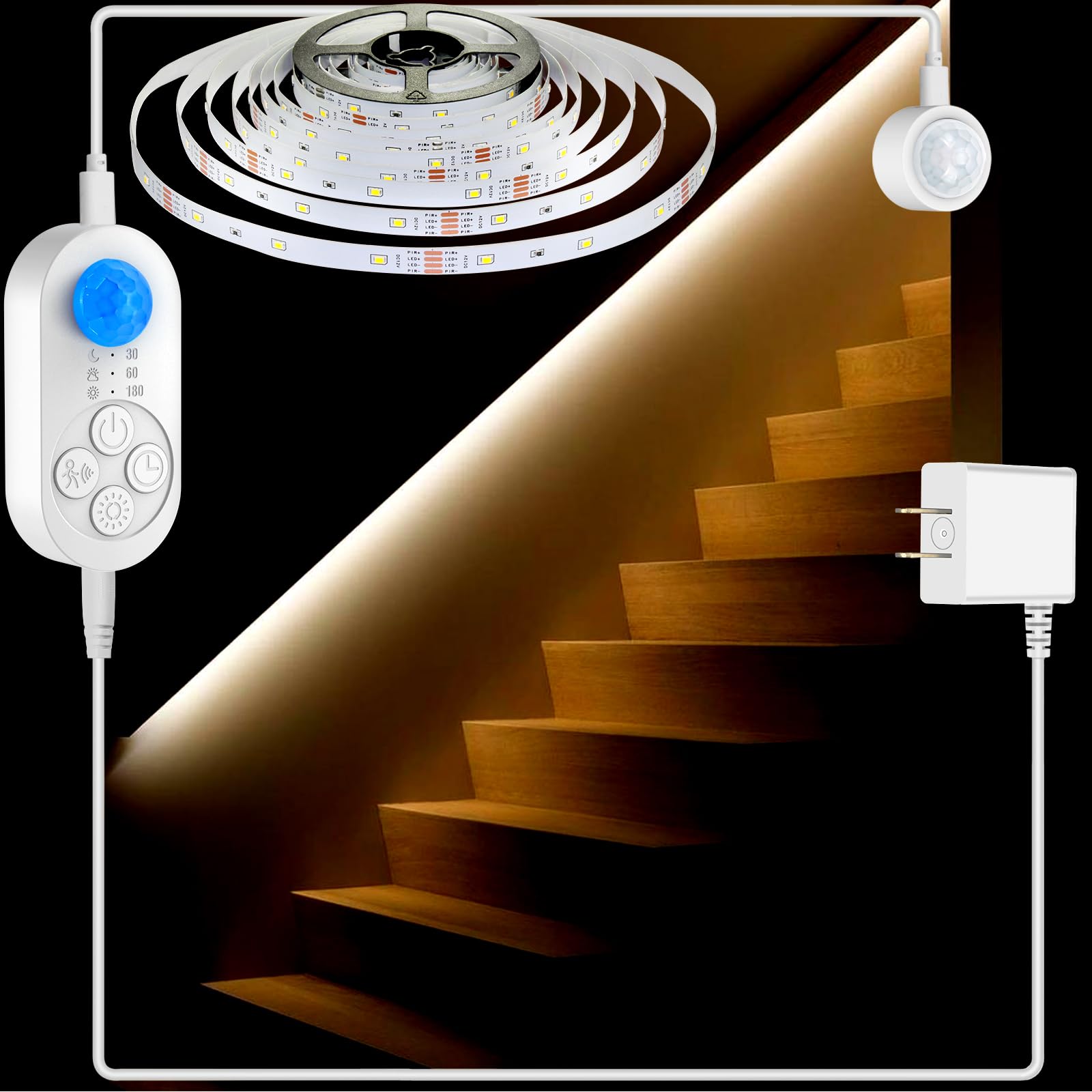 orgaror Dual Sensor Stair Lights Indoor, Motion Activated Plug-in Step Light Strip Indoor with Dimmer, Delay Timer for Stairway (Warm White 3000K (32.8FT Light Strip), Power Adapter (3.28FT Cable))