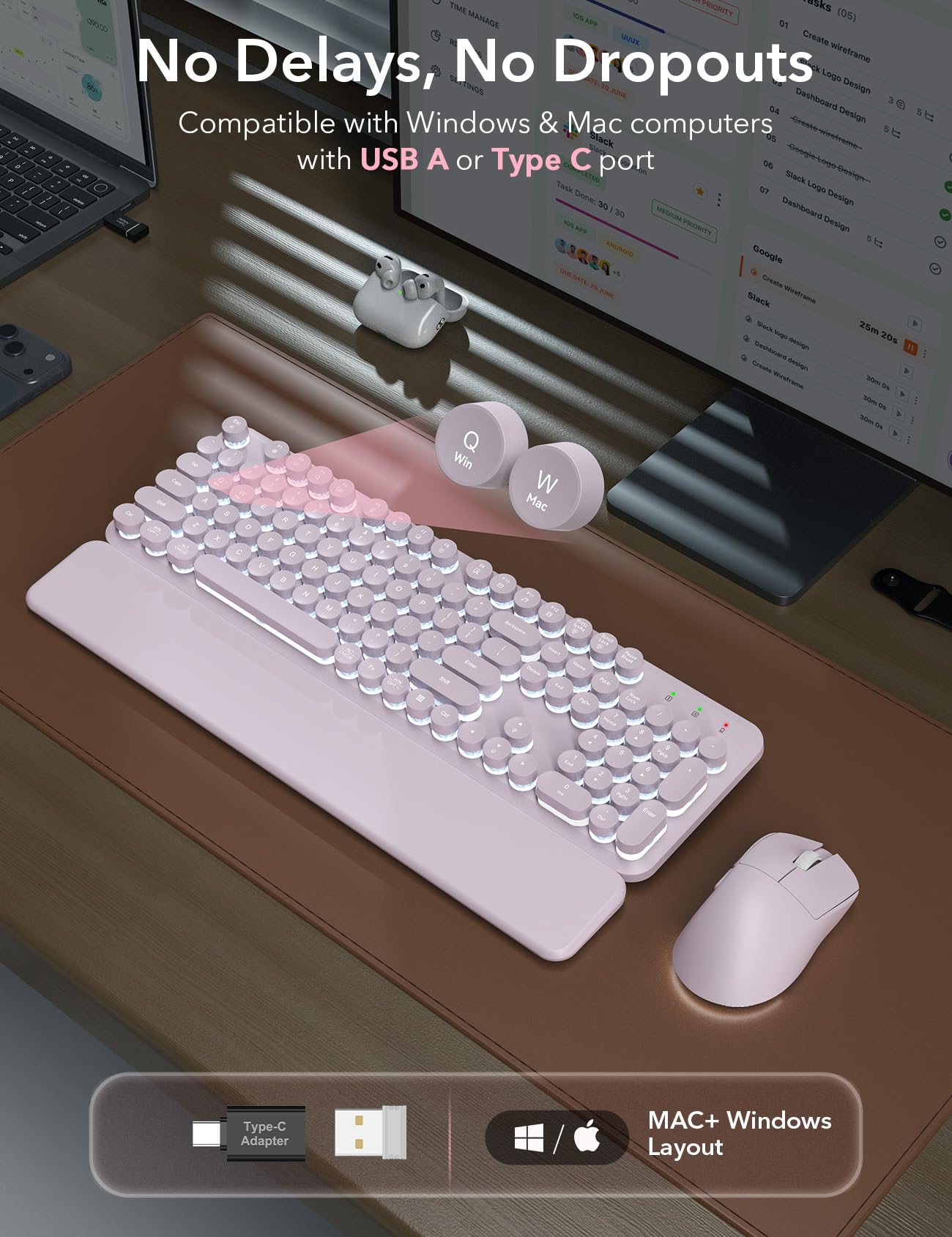 Tastiera e mouse wireless retroilluminati - Macchina da scrivere, poggiapolsi magnetico | Tasti rotondi retrò, lettere illuminate, combo cordless da 2,4 GHz per Mac, Windows, PC, laptop, Trueque CK23Pro [aggiornato]