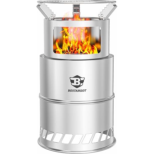 Bestargot Camping Wood Stove, Extra Large Size 8 x 12 inches, Portable Smokeless Fire Pit, Stainless Steel, Windproof & Stackable Gas Burner for Camping, Hiking, Fishing, Hunting, Survival Stove