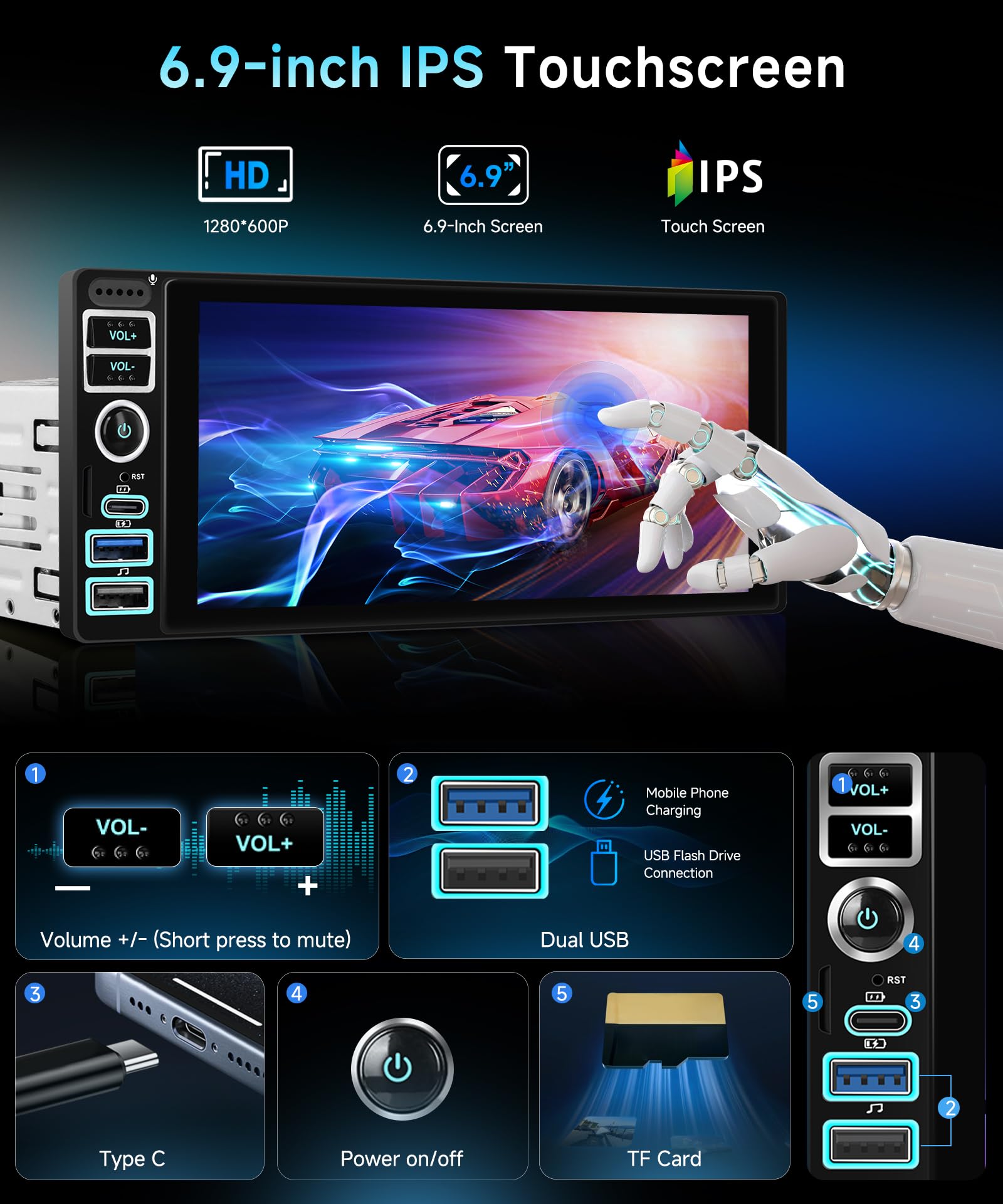 4G/64G VECHTEL 6,9" radio samochodowe Bluetooth Android 15 Carplay Android Auto, DSP, 2 USB/Type-C, EQ, WiFi GPS, Mirrorlink, radio RDS/FM 2 Din Con kamera cofania AHD/sterowanie na kierownicy