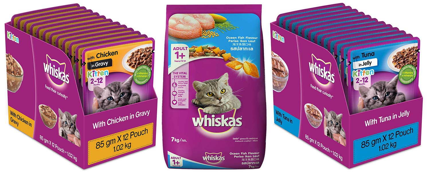Whiskas Kitten (2-12 Months) Wet Cat Food, Chicken in Gravy, 12 Pouches & Kitten (2-12 Months) Wet Cat Food, Tuna in Jelly, 12 Pouches (12 x 85g) & Adult (+1 Year) Dry Cat Food, Ocean Fish Flavour