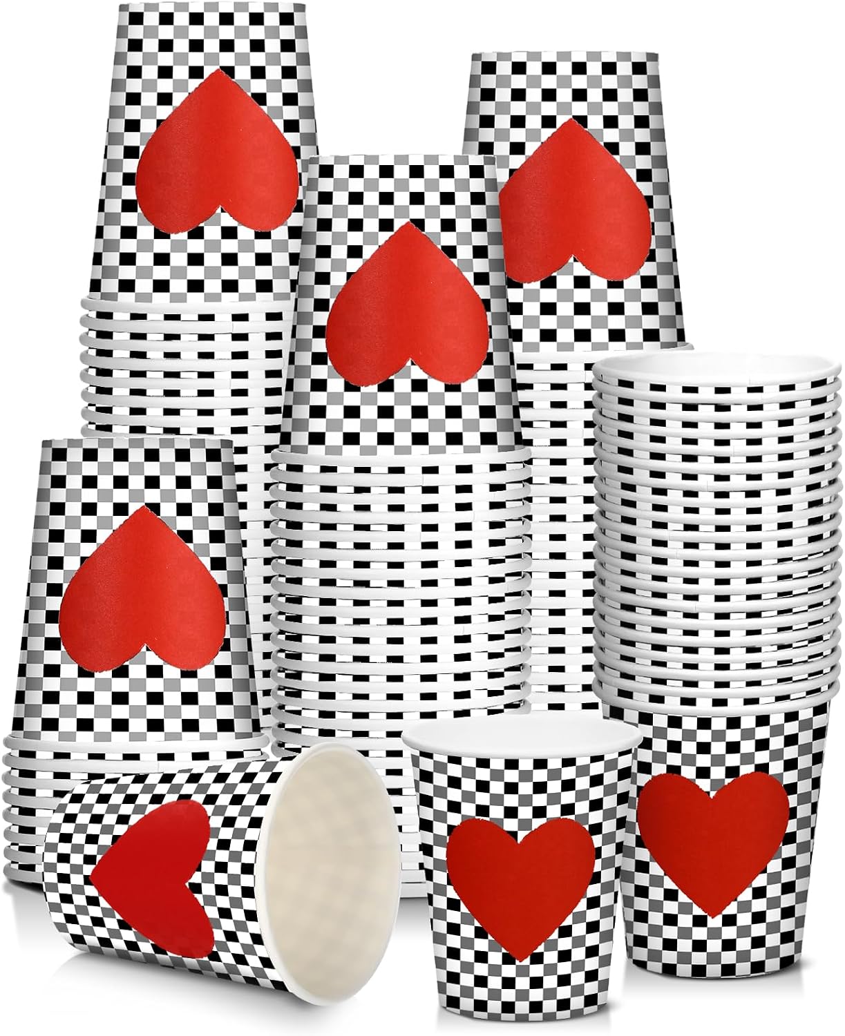 Sieral 24 Pack Red Heart Paper Cups Black and White Checkered Party Cups