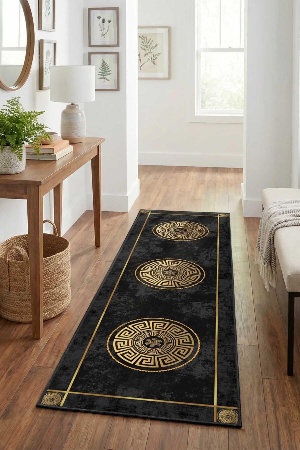 Monnhein Siyah Gold Yolluk 1037-3 - Yıkanabilir, Kaymaz Taban, Dijital Baskılı, Leke Tutmaz, İnce Hav, Modern Koridor, Mutfak, Antre ve Salon için Dekoratif Yolluk