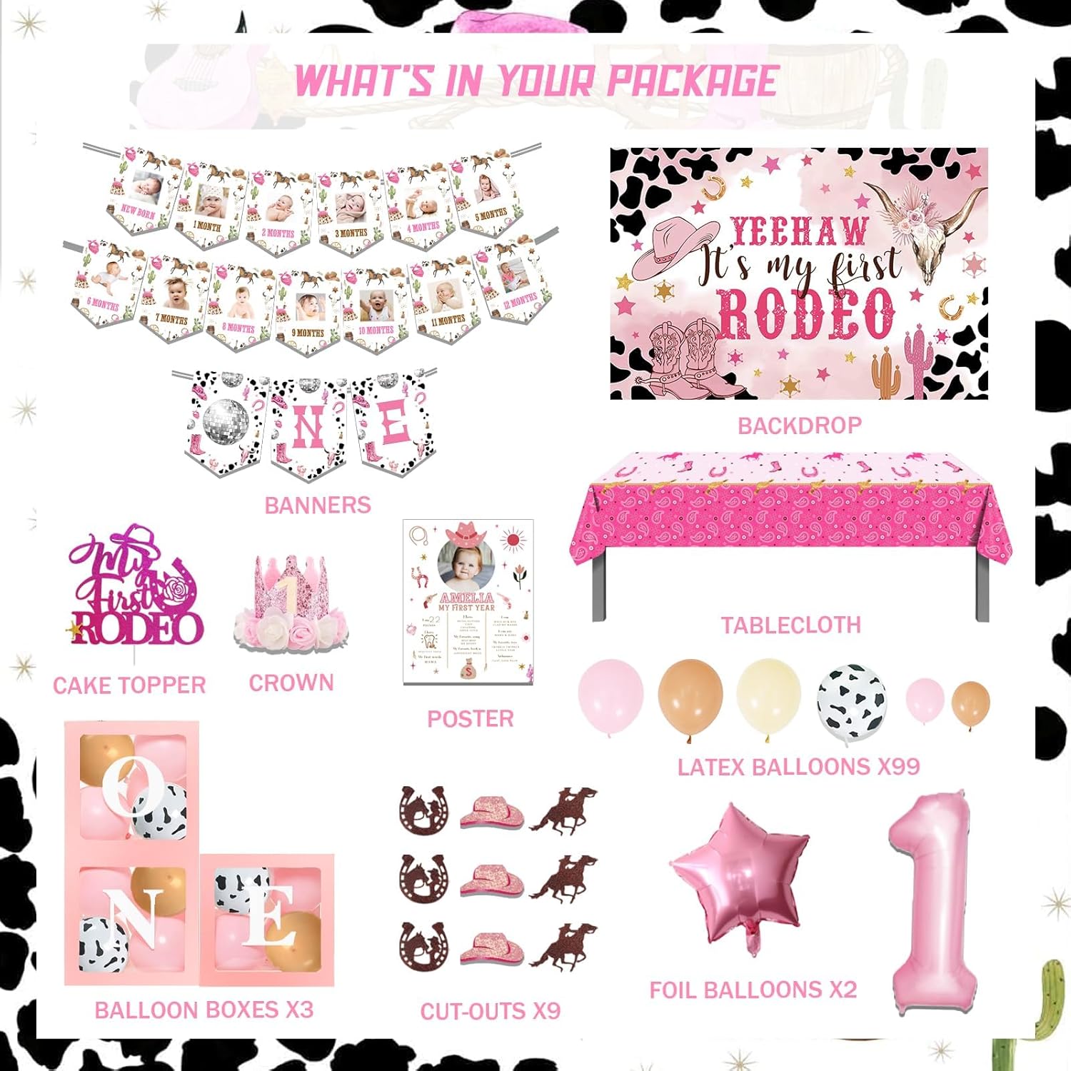 First Rodeo Birthday Party Decorations Girl, Pink Western Cowgirl 1st Birthday Decorations Backdrop Balloon Garland Banner Tablecloth Cake Topper Box Cutout Crown Poster 123 PCs - Image 2