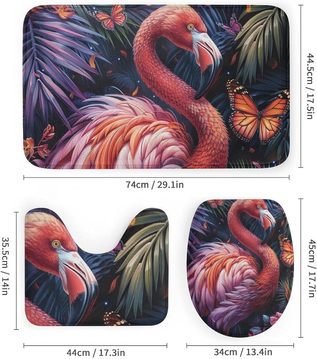 4Pcs Colorful Floral Flamingo Shower Curtain Sets with Rugs, Toilet Lid Cover and Bath Mat, Tropical Palm Leaves Butterfly Bathroom Shower Curtains Set with 12 Hooks
