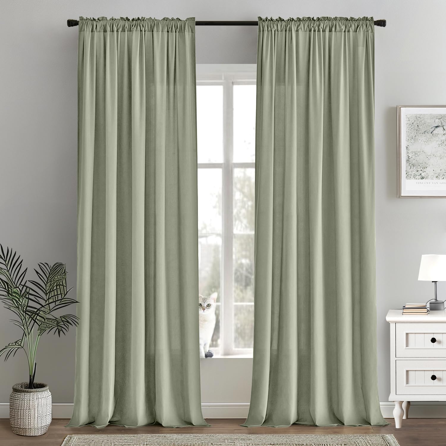 MIULEE Sage Green Privacy Sheer Curtains that Let Light in 90 Inches Long Non-See-Through Semi Sheer Curtain Light Filtering Window Curtains Drapes for Living Room Bedroom 2 Panels Set