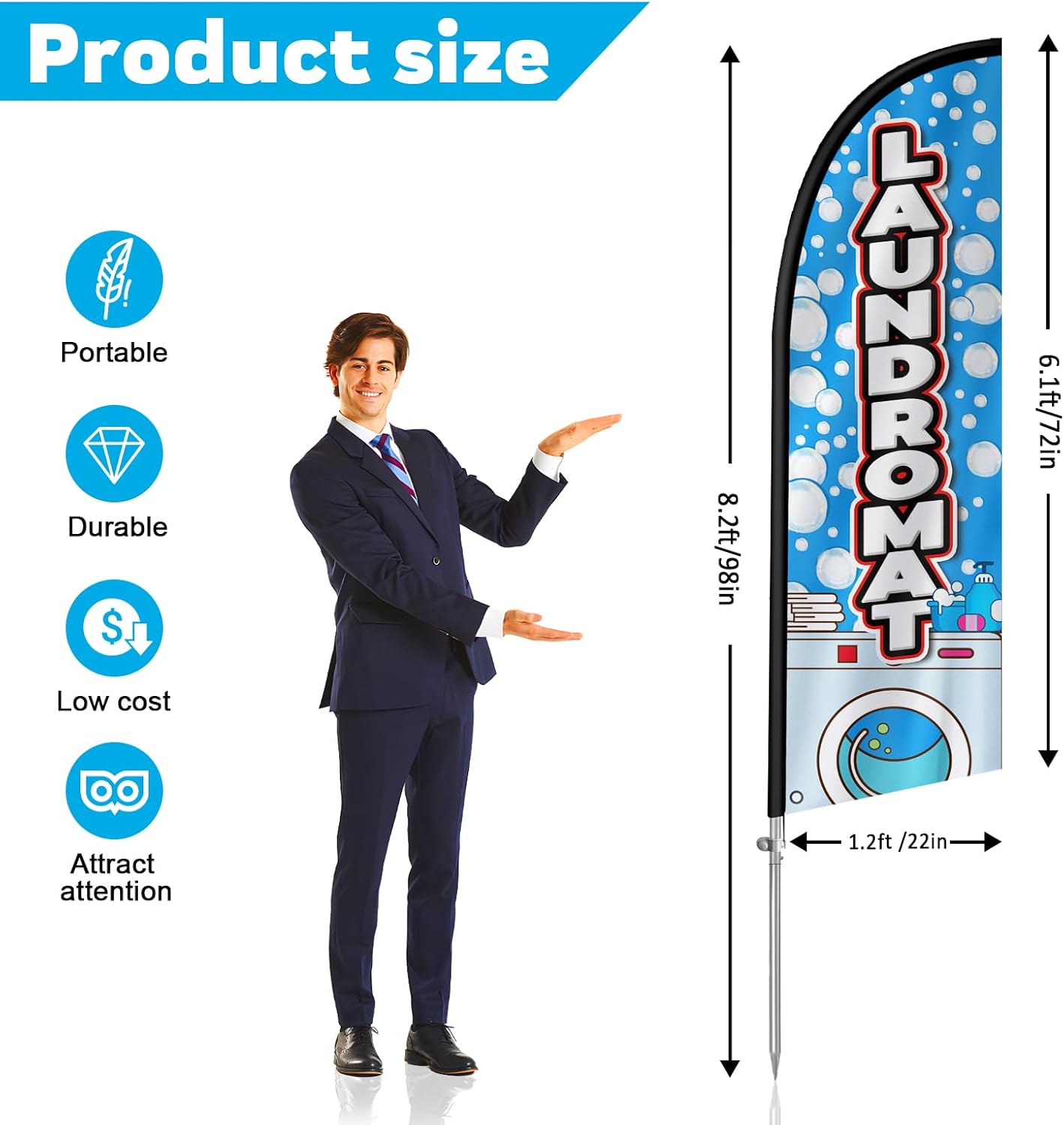 Laundromat Flag for Business, Laundromat Signs, 8FT Polyester Advertising Swooper Flag with Aluminium Alloy Flag Pole Kit, Stainless Steel, Ground Spike, Portable Bag - Image 2