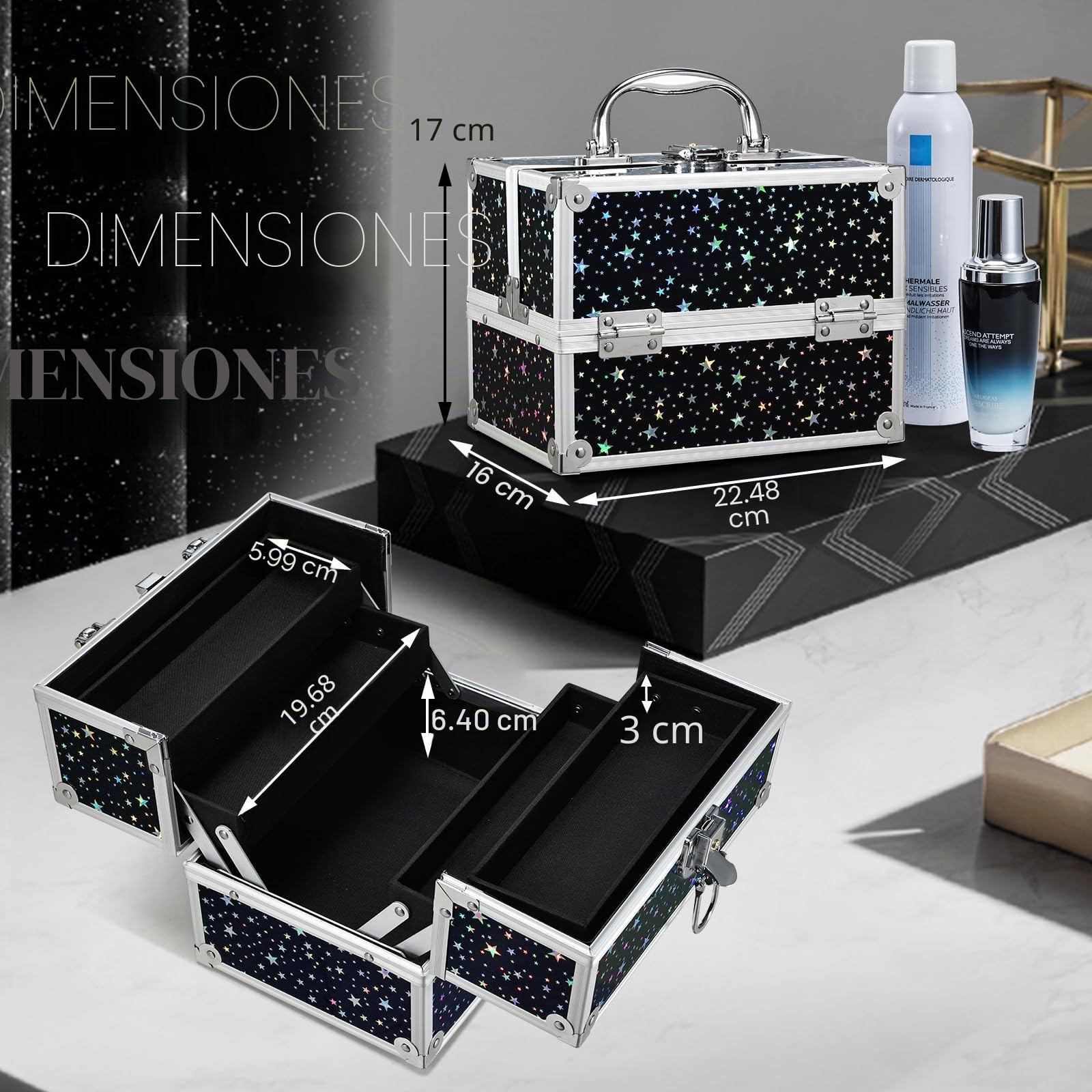 Maletín Maquillaje pequeño Caja Maquillaje vacío Organizador Maquillaje con Cerradura Maletín Maletin Manicura para niñas Maletín de cosméticos, Cielo Estrellado Negro