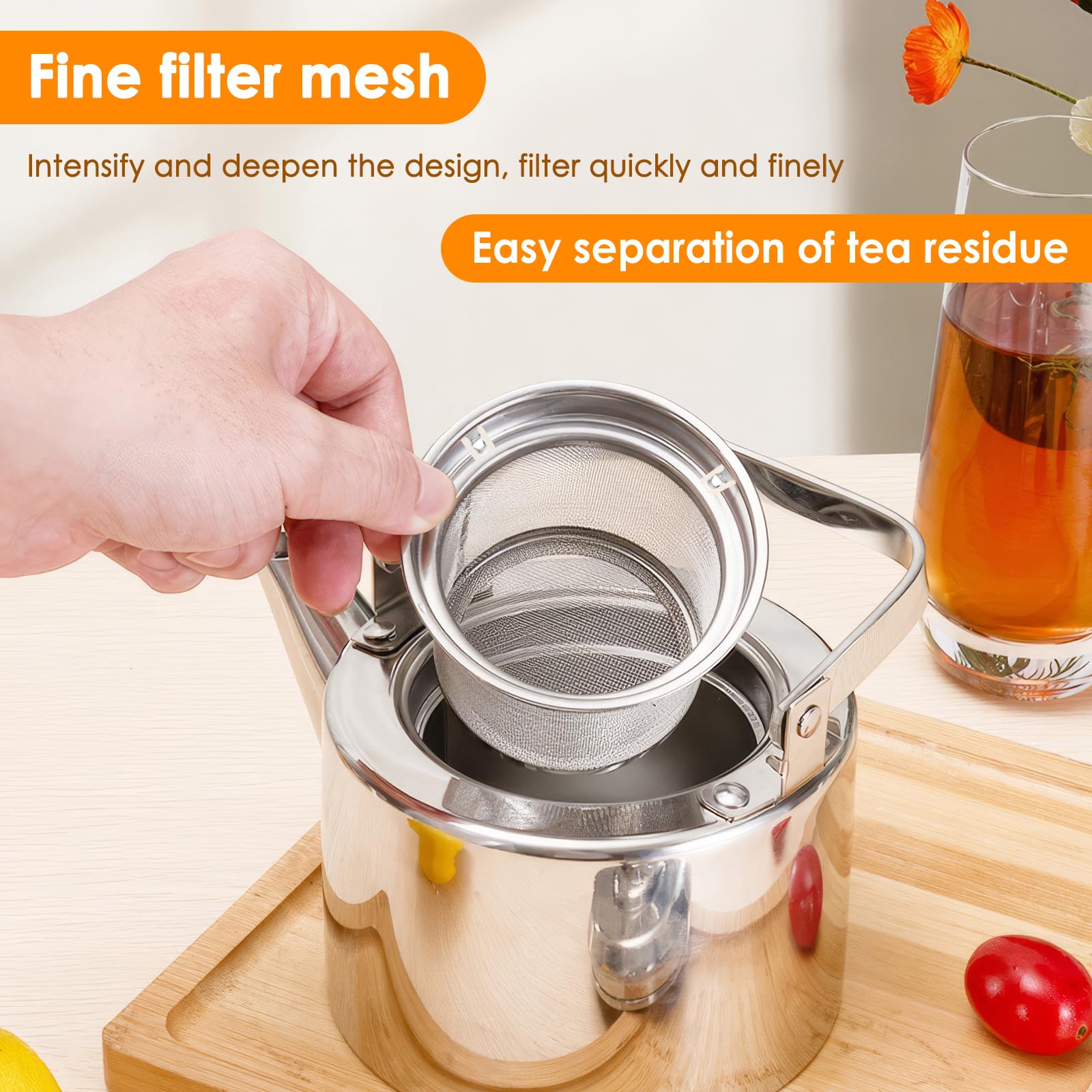 1.5l Teekanne Edelstahl, Wasserkessel Gasherd Induktion mit Sieb Teekessel Wasserkessel Camping, Edelstahl Teekessel für Elektroherd und Gasherd für Filterkaffee, French Press, Teekocher