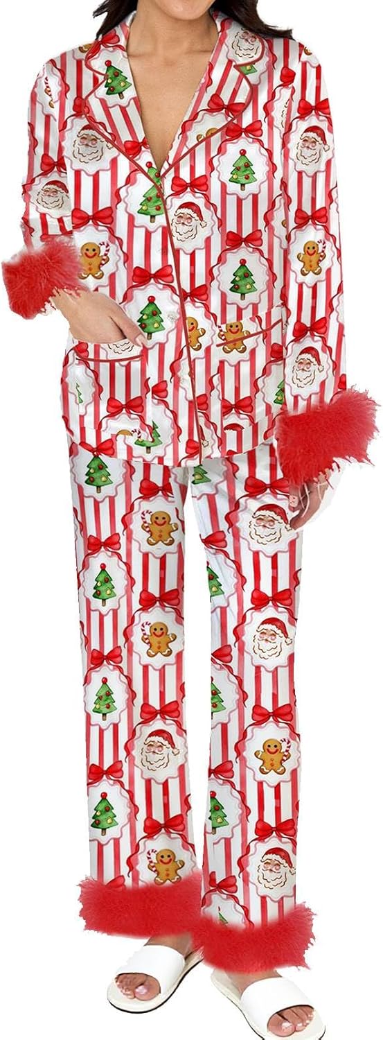 Women's Feather Pajamas with Pockets, Long Sleeve Button Up Shirt and Pants 2 Piece Pj Set Trendy Sleepwear Outfits