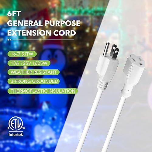 Vista 19 de BN-LINK Paquete de 2 cables de extensión para interiores y exteriores de 10 pies 16/3 SJTW, negro, 3 puntas, resistente a la intemperie y ignífugo