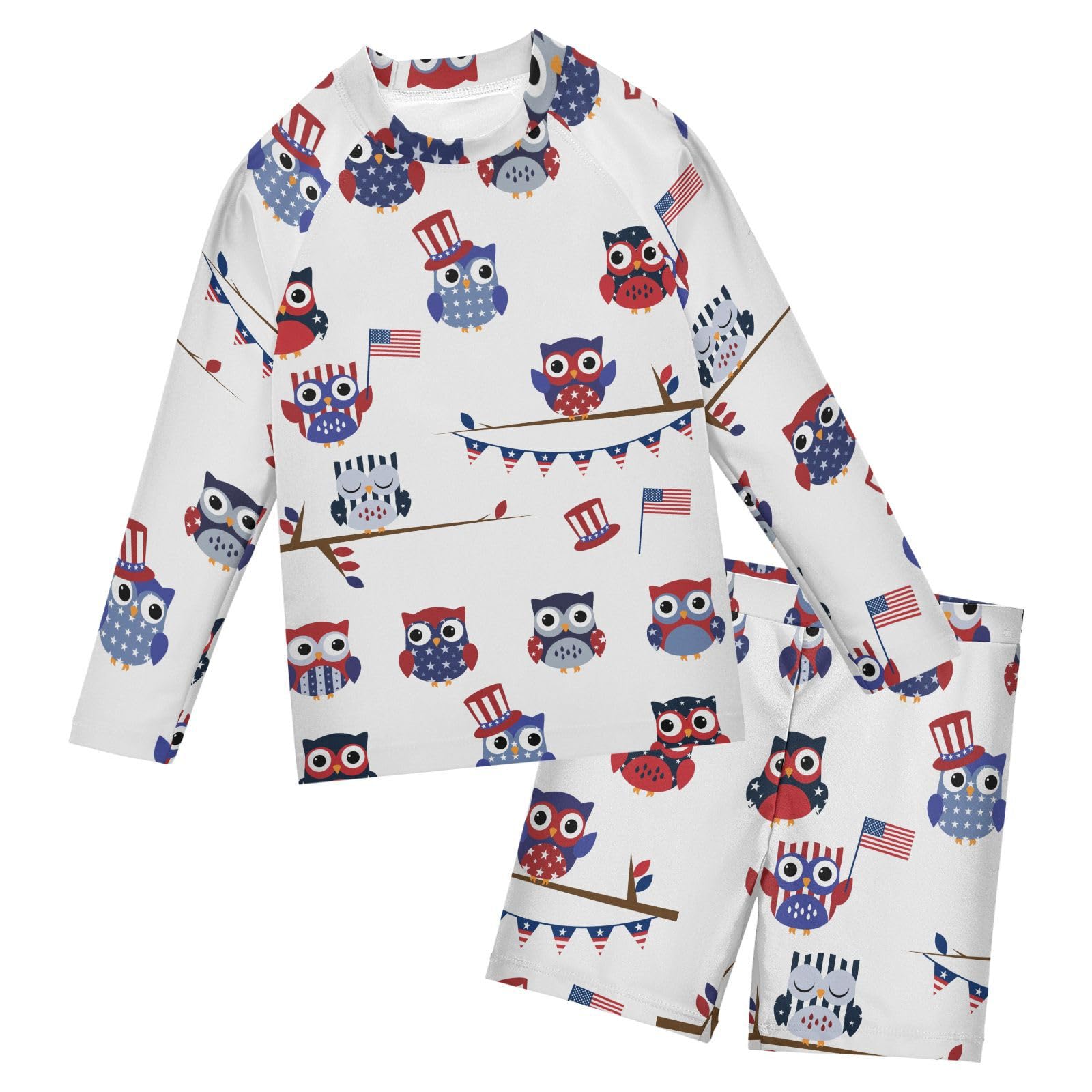 Aflyko Patriot Boys' Rash Guard Set Patriotic Owl Cute Flag SPF 50+ Sun Protection 2 Piece Swimsuit Multicoloured