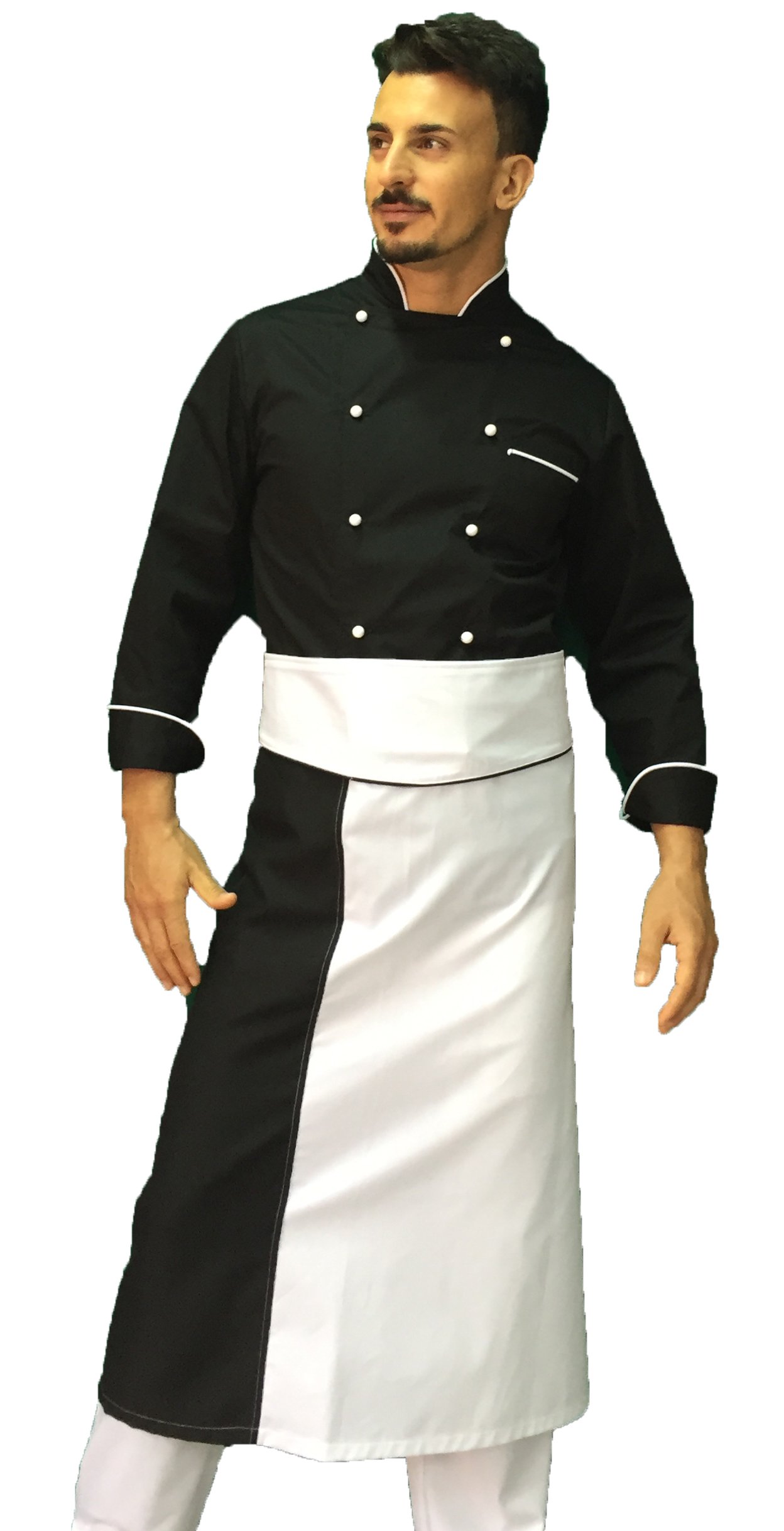 Ricamo Gratuito - Completo Cuoco Uomo - Nero/Bianco - Divisa Chef - Giacca, Pantaloni e Grembiule - 100% Cotone - Uniforme per Cucina e Ristorante