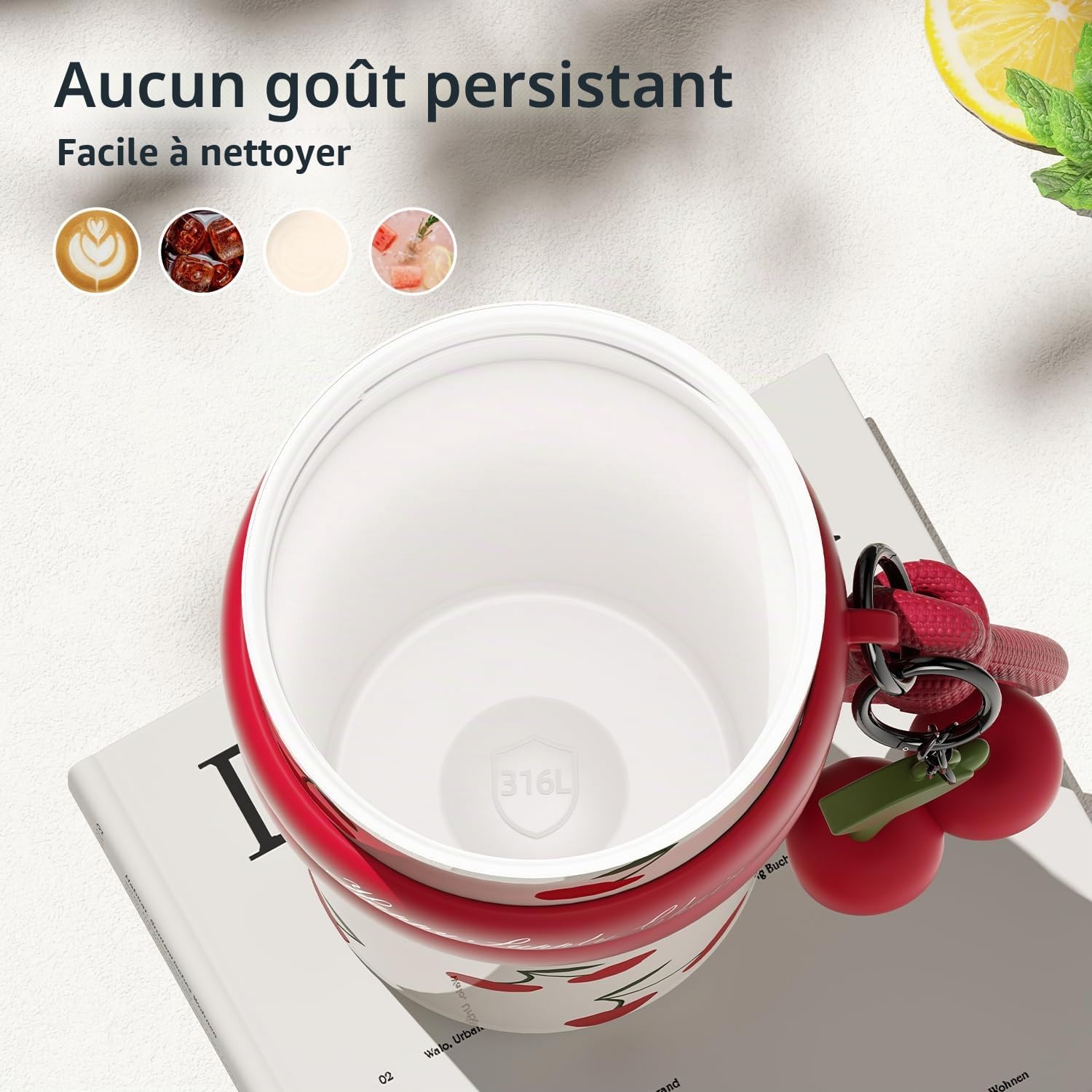 Gobelet isotherme de 710 ml avec couvercle et paille, bouteille d'eau réutilisable, anti-fuite, avec sangle, tasse de voyage portable pour café glacé chaud et froid, tasse thermique pour femme (cerise