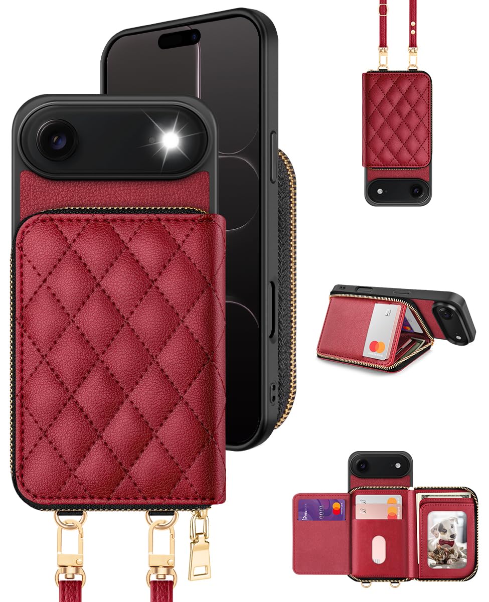 OCASE Custodia Portafoglio per iPhone Air, Custodia in Pelle con Cerniera, Porta Carte Blocco RFID, con Tra Collo Regolabile Rimovibile, Protettiva Antiurto Cover per iPhone Air - Rosso Scuro