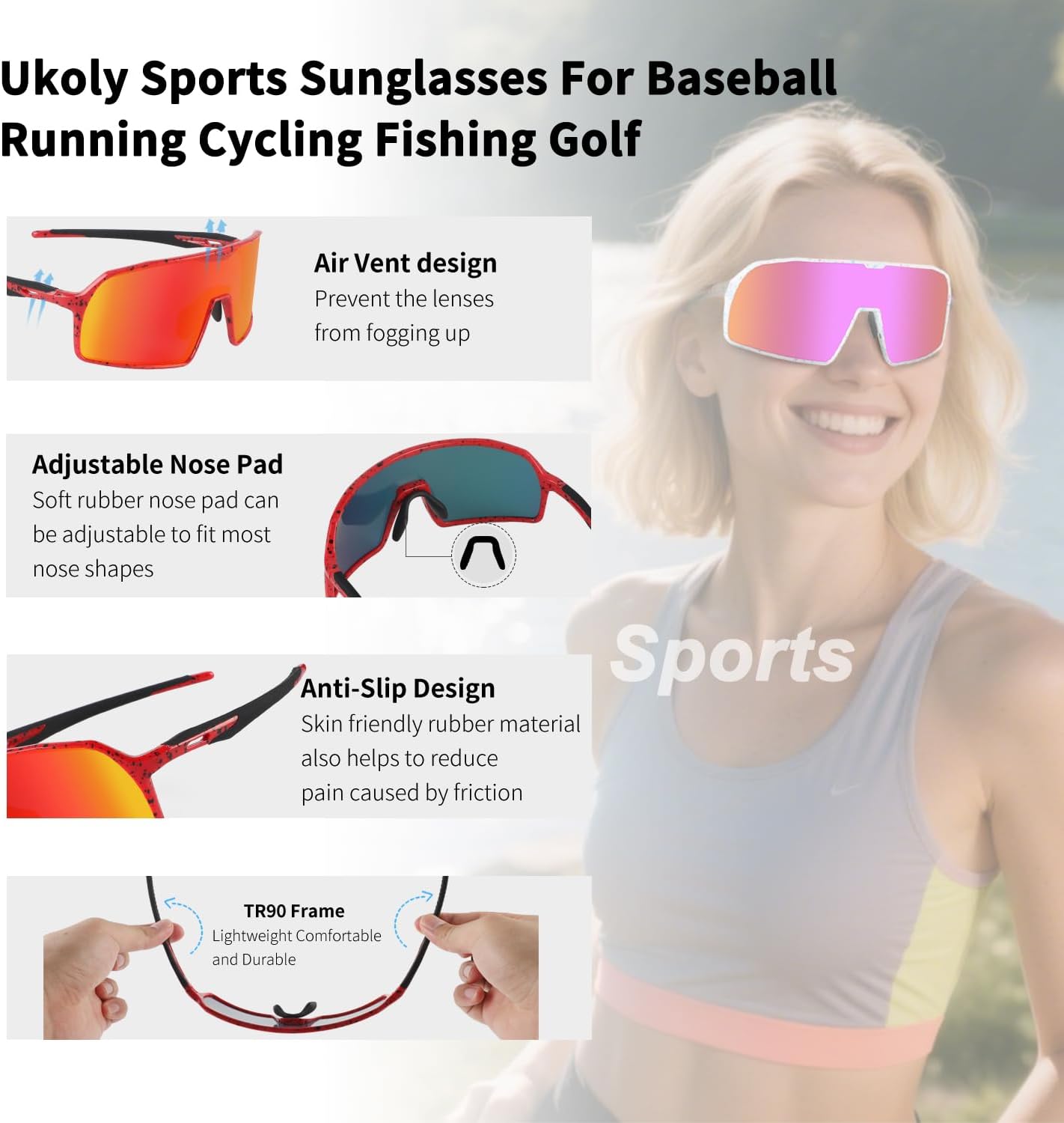 Ukoly Cycling Glasses Running Baseball Fishing Golf Sunglasses For Men Women,Sports Sunglasses HD Lens UV400coating 650