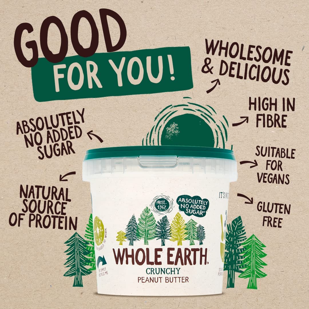 Whole Earth SMOOTH Peanut Butter , All Natural Ingredients, No Added Sugar, Gluten Free, Vegetarian & Vegan Friendly 2 x 1kg Tub