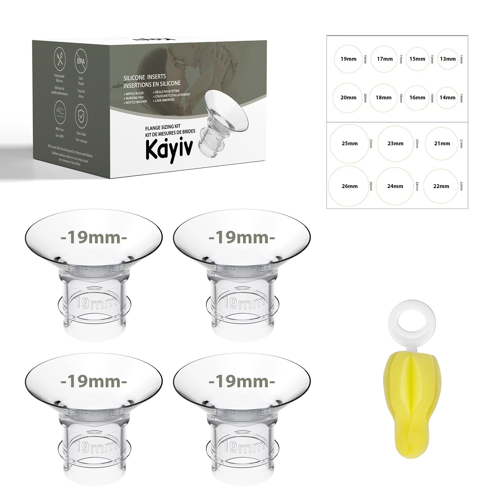 4PCS Flange Insert 19mm for Momcozy M5/M6/M9/S9 Pro/S12 Pro/V1 Pro/Medela/Spectra/Lansinoh/Elvie/Eufy 24mm Flange/Shield, Silicone Flange Sizing Kit of Most Pumps, Reduce 24mm Tunnel Down to Other Size