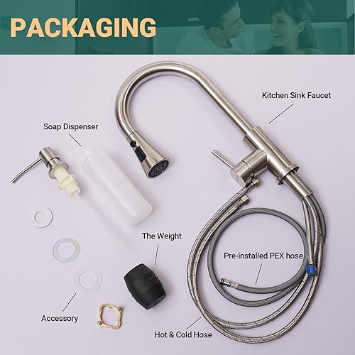 Miniatura 8 de APPASO Grifo de cocina con dispensador de jabón, grifo de cocina de níquel cepillado con rociador desplegable (3 modos), acero inoxidable 304 de