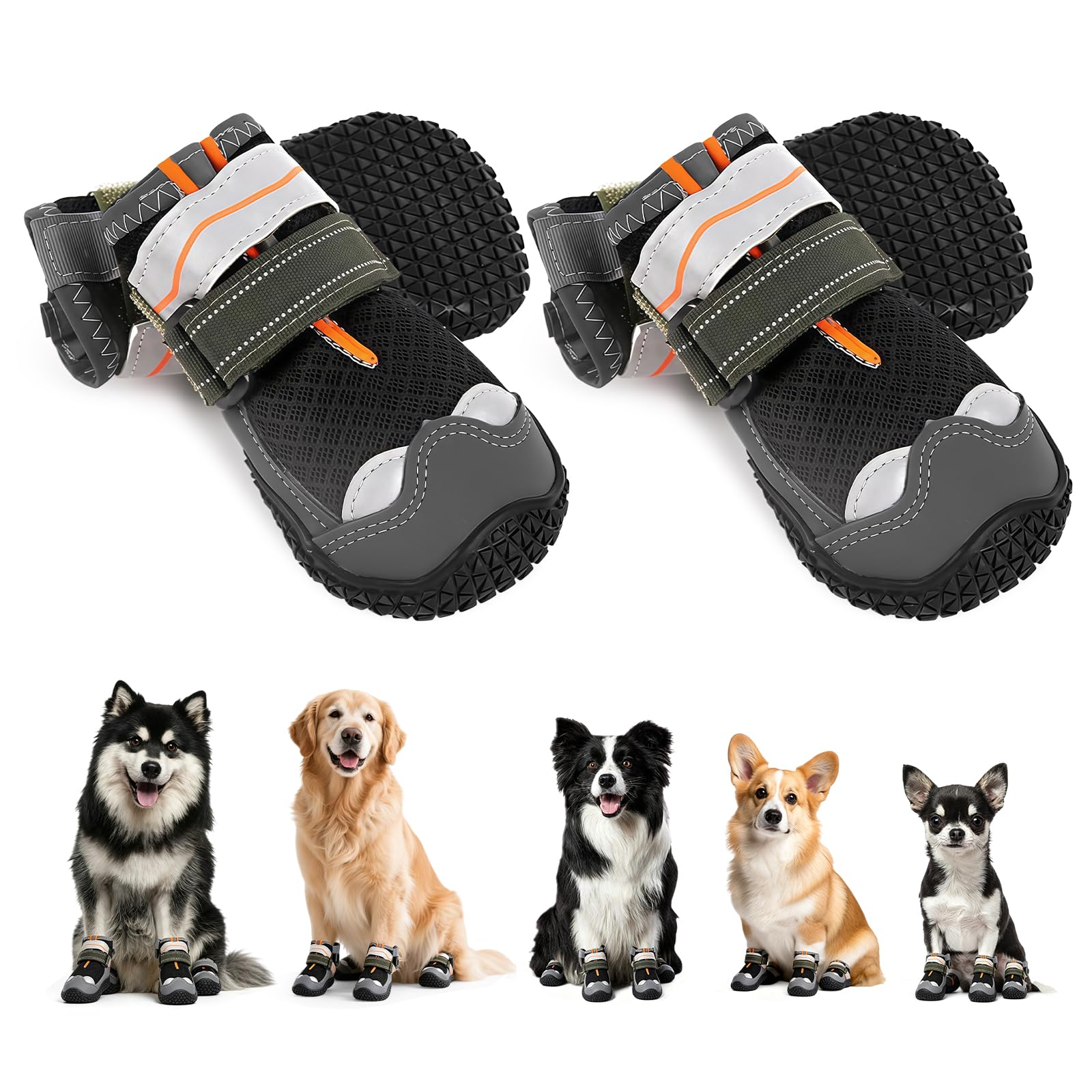 AMFUN 4 Pack Dog Boots Paw Protector, Waterproof Breathable Dog Shoes, Non-Slip with Adjustable Reflective Straps, Washable Puppy Boots for Injured Paws Small Medium Large Dog Outdoor (#4)