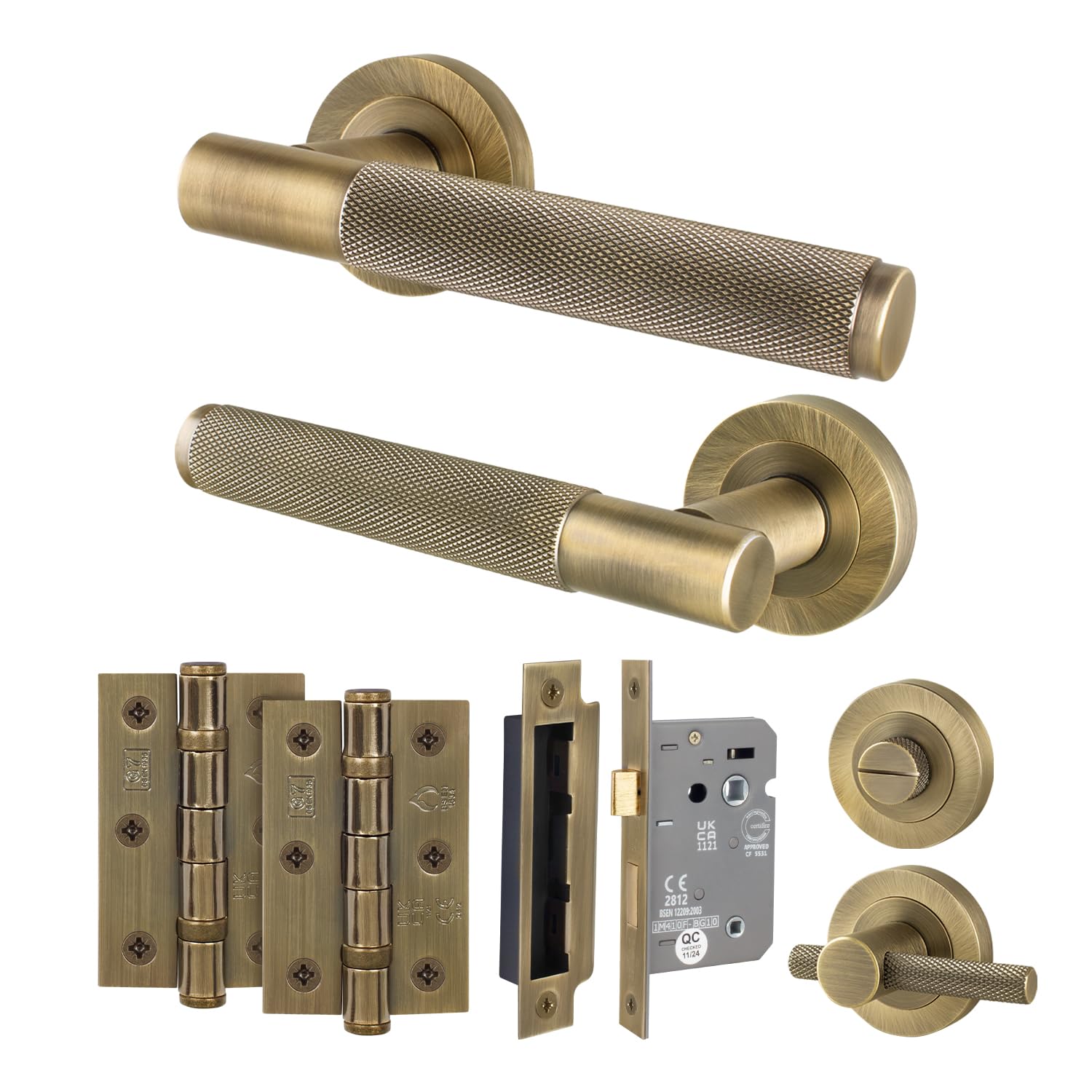 EAI Antique Brass Door Handle Bathroom Set, Internal Door Handle with 64mm Bathroom Lock and 76mm Hinges, Varri Range 1 Pack