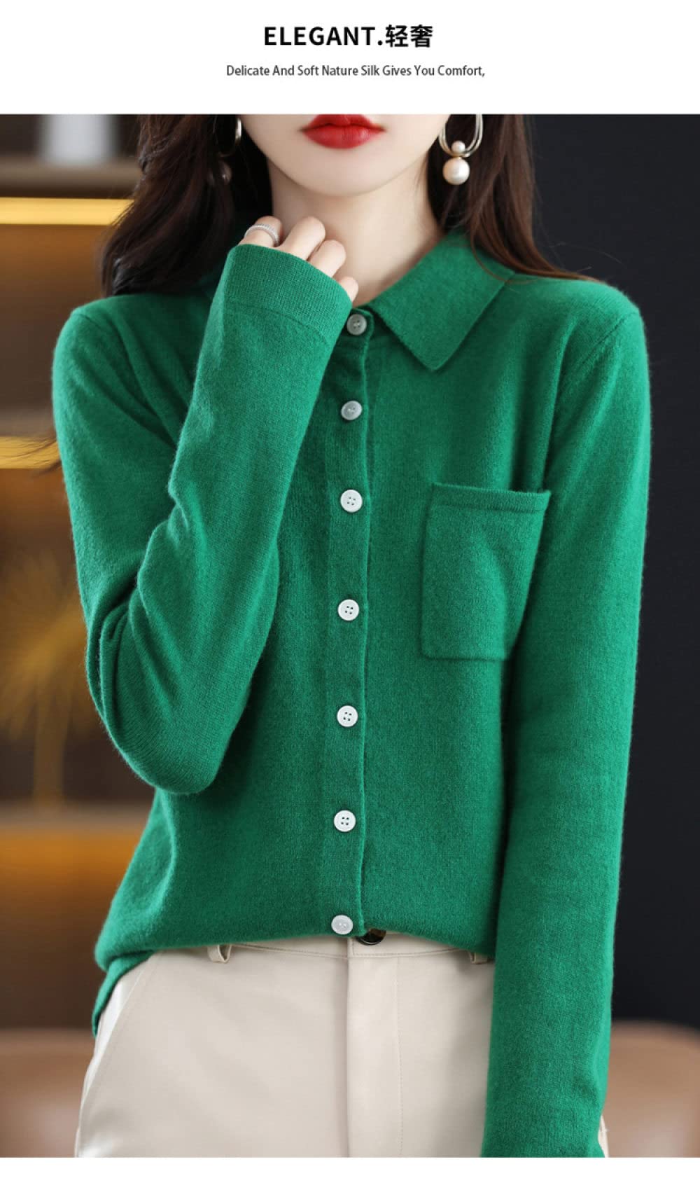 EIBA Cárdigans para Mujer Cárdigans De Punto para Mujer Informal Liso con Solapa De Bolsillo Esmeralda Botón De Cuello Suéteres Delanteros Abiertos Cárdigan Manga Larga Acogedora De Oto