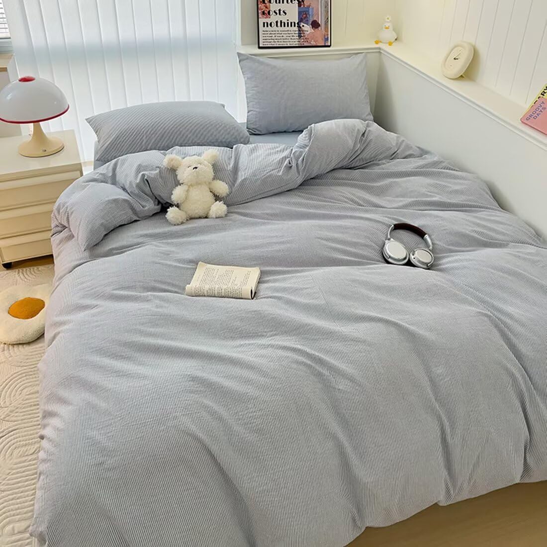 Mucalis Blue Striped Duvet Cover Queen 100% Washed Cotton White Pinstriped Duvet Cover Set Full Soft Linen Like Textured Stripe Pattern Farmhouse Bedding Set with Zipper Closure Corner Ties