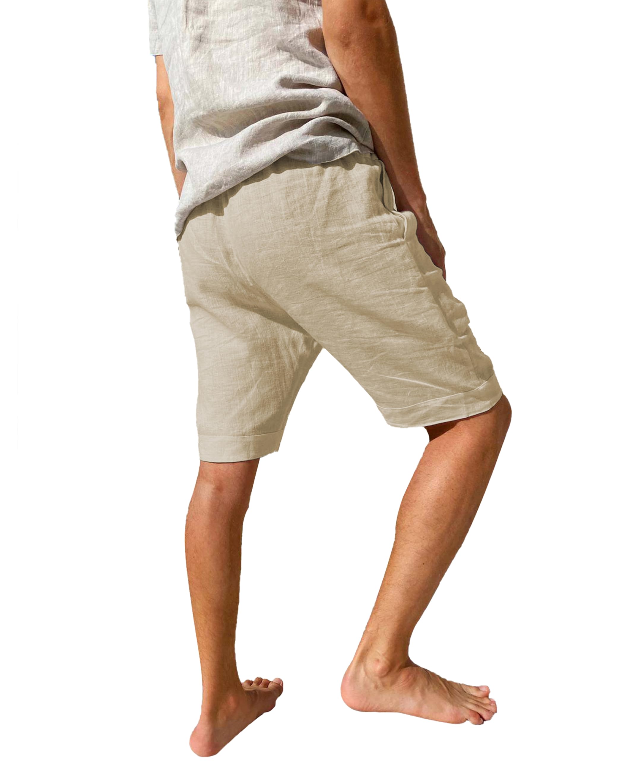 Pantalones Cortos de Lino para Hombre Cintura Elástica Bolsillos Verano
