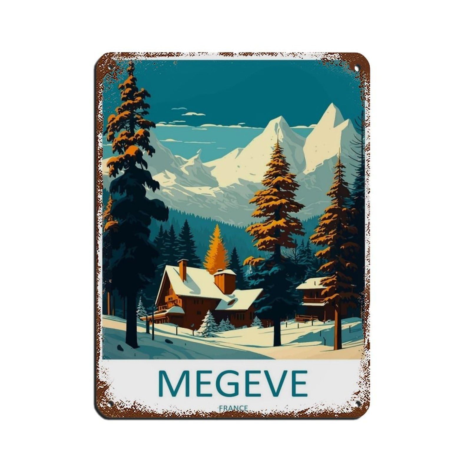 Megeve Travel Art Ski Art Lover Gift (87) Retro Poster Metal Tin Sign Chic Art Retro Iron Painting Bar People Cave Cafe Family Garage Poster Wall Decoration 12x16inch(30x40cm)