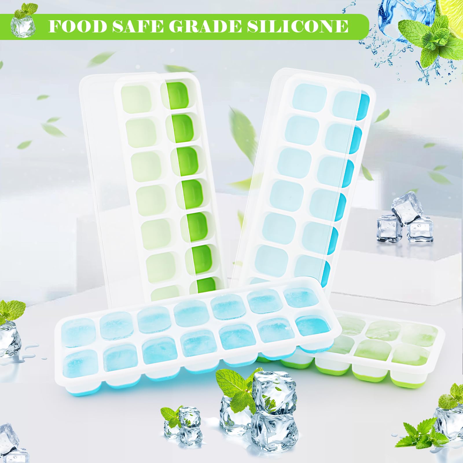 RISVOWO Cubiteras para Hielo con Tapa, 4 Piezas Moldes de Silicona Sin BPA y LFGB, 56 Moldes Hielo Apilables
