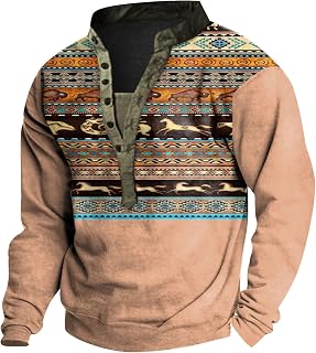 LEXUPE Henley Shirts for Men,Aztec Long Sleeve Shirts Graphic Tees Casual Button Down Tops Ethnic Fall Fleece Blouse