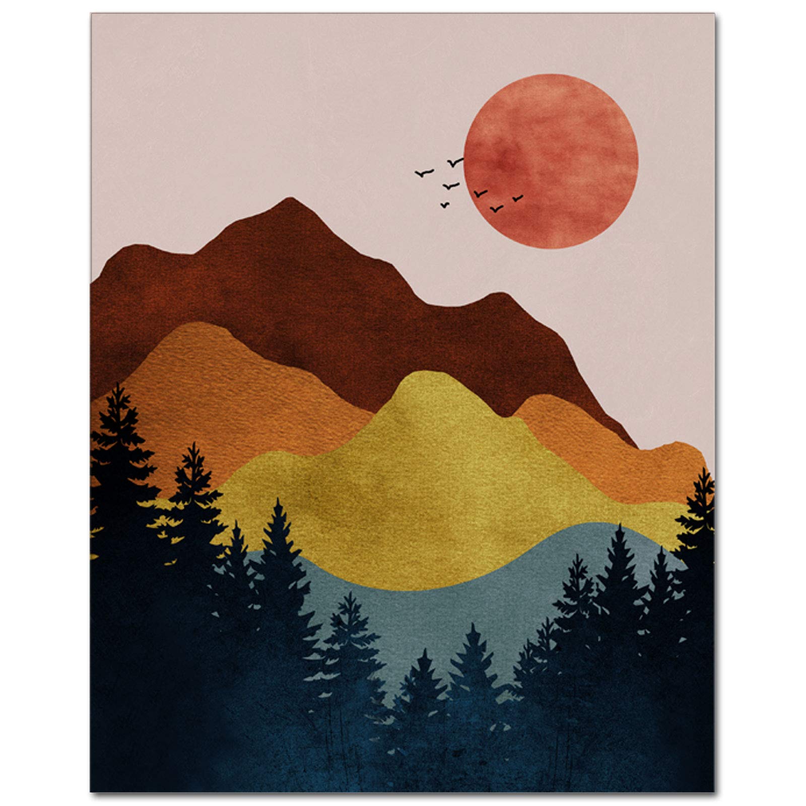 Sun Mountain Art Print, Mid Centry Wall Art, Mountain, Abstract Forest, Minimal Wall Decor, Sunset Art, Home Decor, 8x10 inch - UNFRAMED