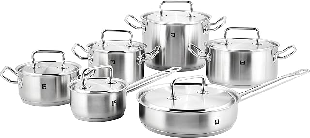 ZWILLING Twin Classic 12 Piece 18/10 Stainless Steel Kitchen Cookware Set - All Cooktops, Non-Drip Rims, Measuring Scale, Frying Pans & Saucepans