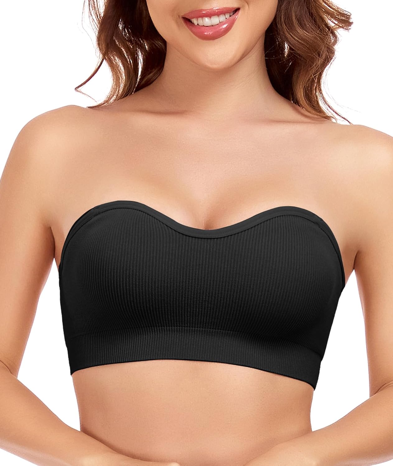 Strapless Bras for Women Padded Wireless Bandeau Bra with Clear and Fabric Straps Non-Slip Grip Tube Top Bralette