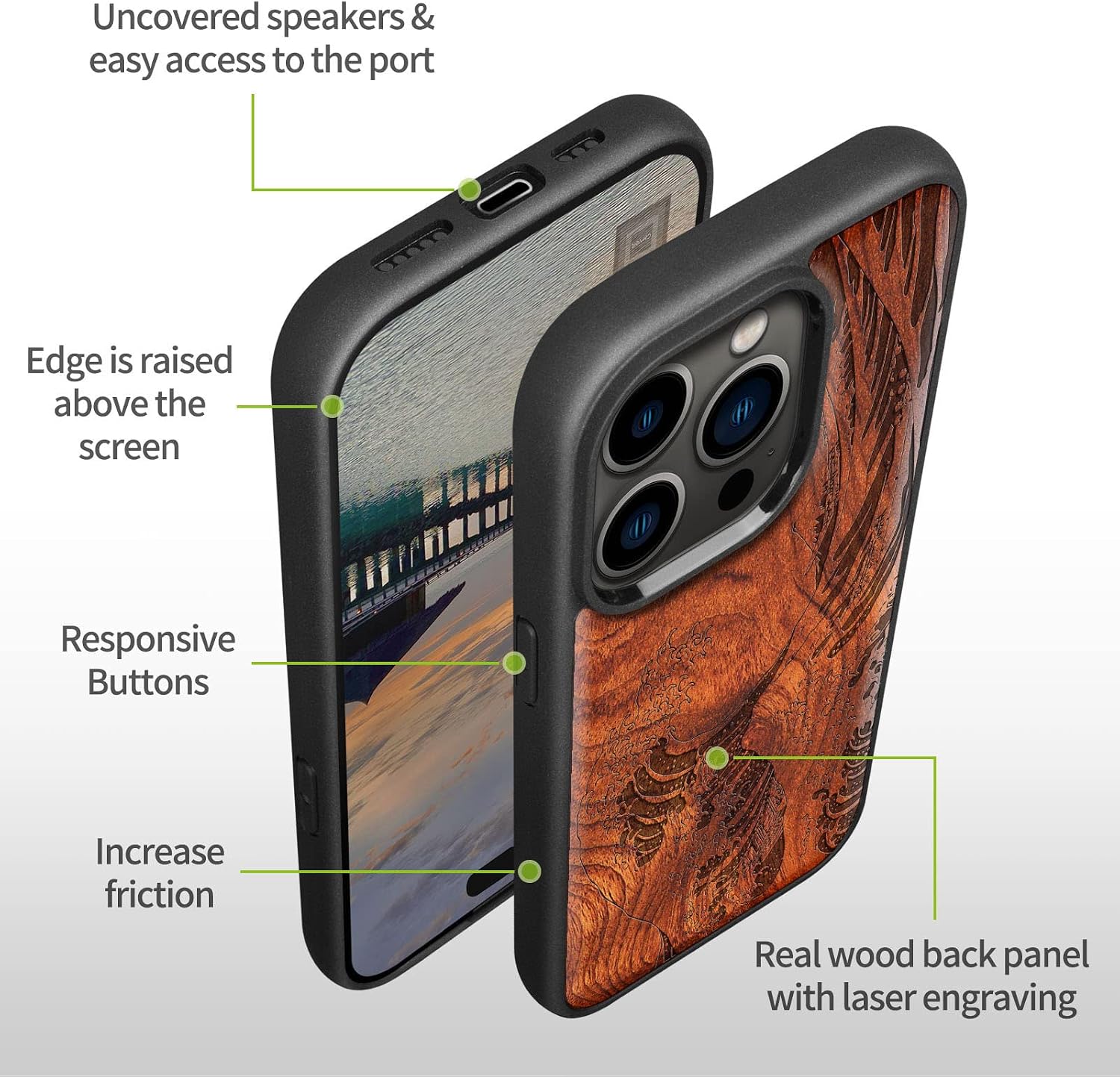Carveit Magnetic Wood Case for iPhone 14 Pro Case [Natural Wood & Black Soft TPU] Shockproof Protective Cover Wooden Case Compatible with magsafe (The Great Wave Off Kanagawa -Rosy)