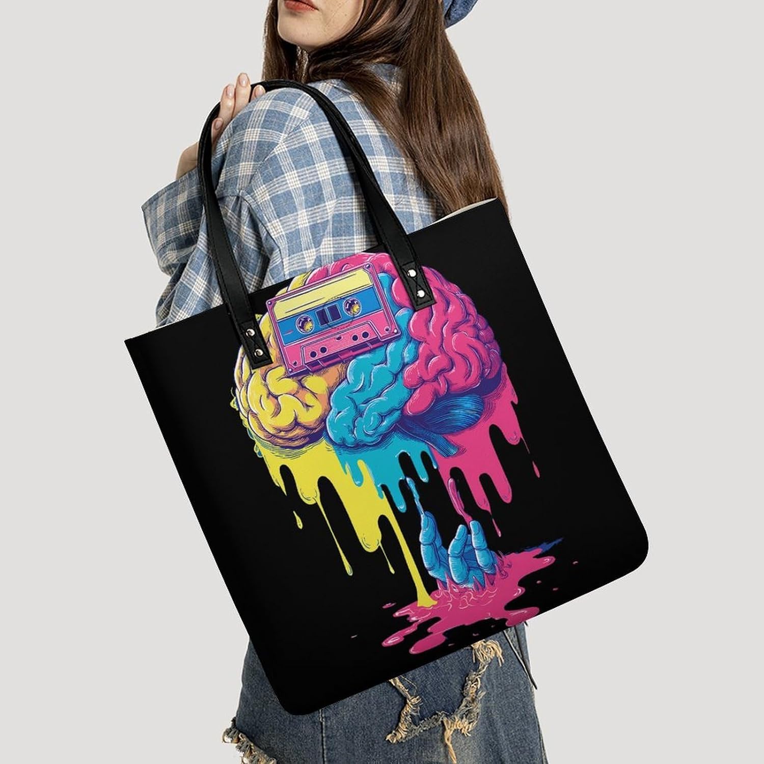 Music Brain Cassette Tape Tote Shoulder Bag for Women Handbags 39x39cm image 2