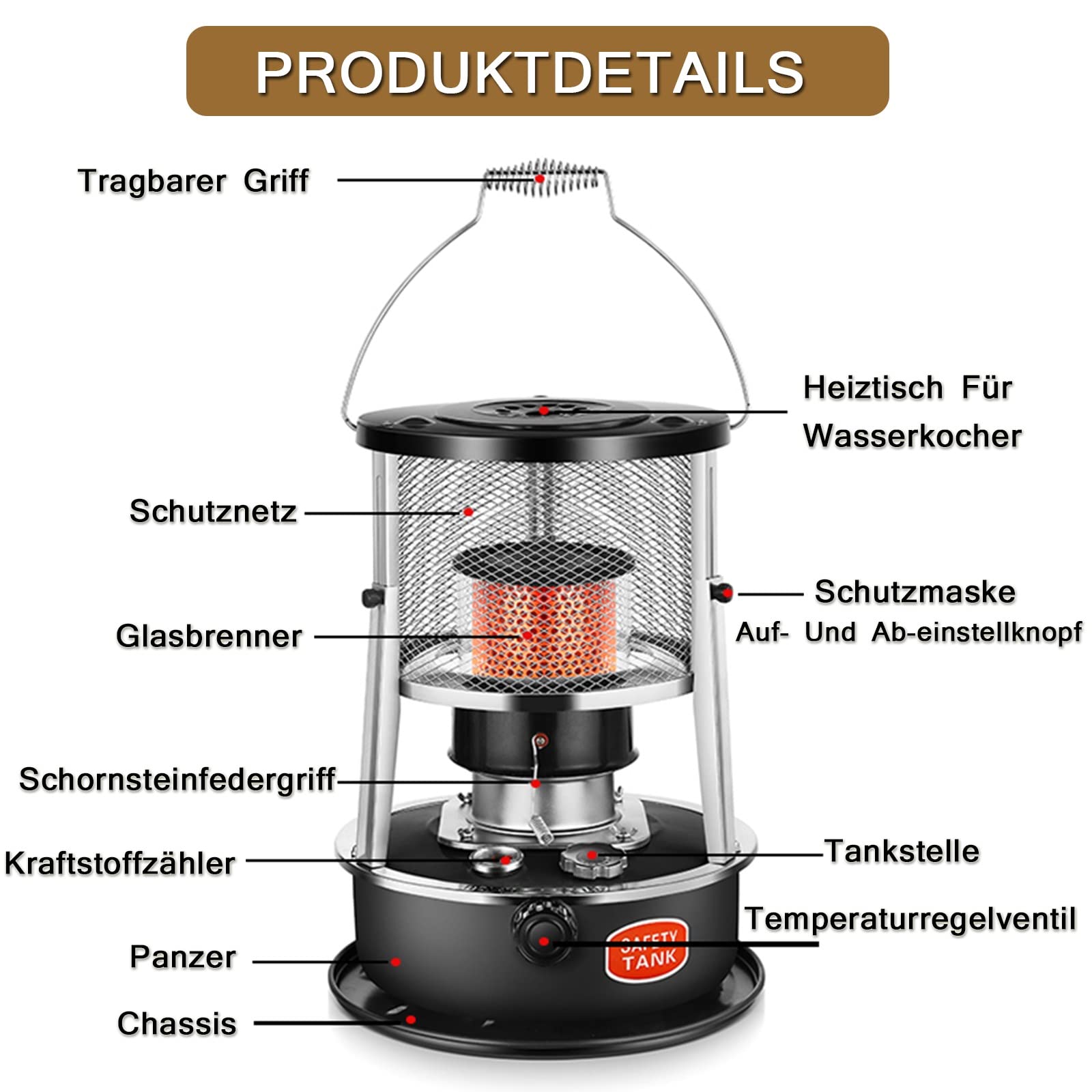 Petroleumheizung Mit Löschautomatik Kopp, Petroleumofen, Petroleumofen Für Innenräume, Mobile Heizung Ohne Strom, Petroleum Ofen Heizung,mit 6 Dochten (Color : 002-Black)