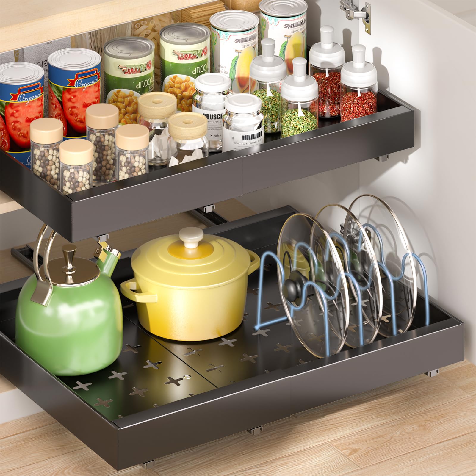 Delamu 2 Pack Pull Out Cabinet Organizer with 6 Dividers, Expandable (11.7 "-20" W) Pull Out Drawers for Cabinets, Cabinet Trays Pull Out for Cabinets in Kitchen, Pantry or Bathroom