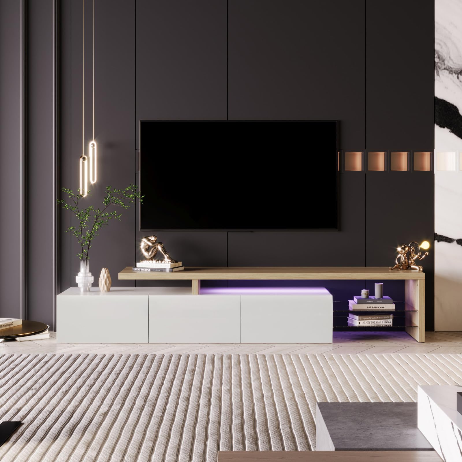 Meuble TV LED 200 cm,Armoire e TéLéVision,Banc TV,Meuble TéLé de Salon,Banc TV Moderne en Bois avec Trois Compartiments de Rangement,Armoire Basse Salle de SéJour IntéRieur,Meuble Salon (Blanc-1)