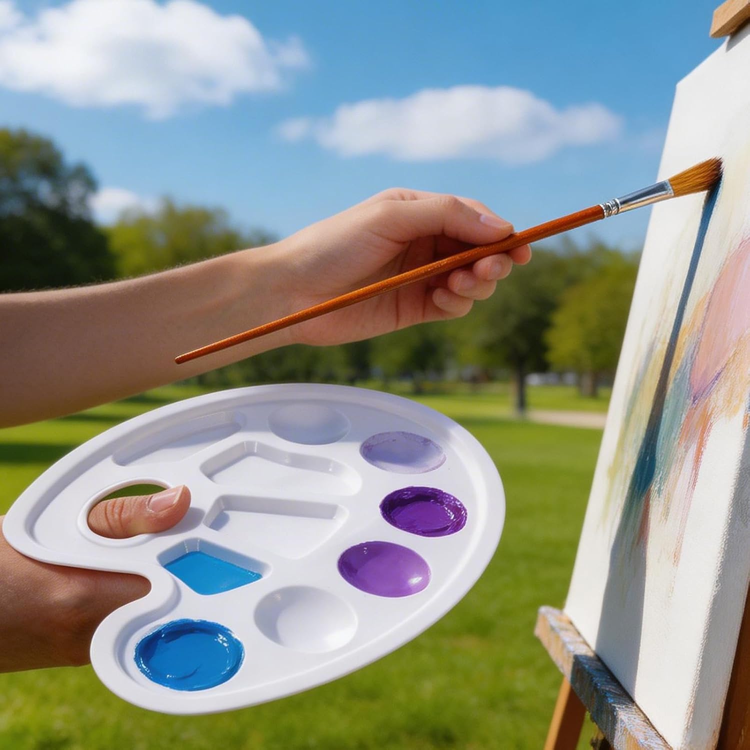 Plastic Paint Palette, 2 Pcs White Painting Palette Oval Paint Plate Paint Holder Tray with Hanging Hole for Teachers or Students Painting or DIY Craft Class