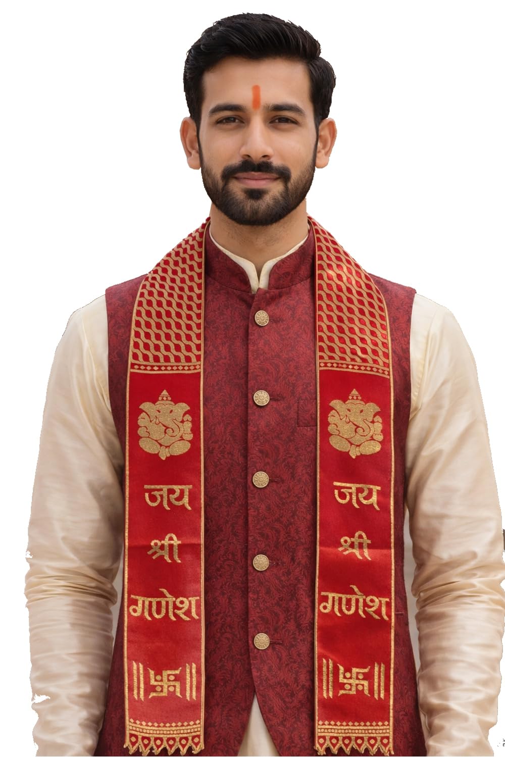 1.6 Meter Premium Embroidered Dupatta Patka for men with Jai Shree Ganesha Printed Religious Scarf for Ganesh Chaturthi Rally, Ganpati Visarjan, जय श्री गणेश Spiritual Stoles (Red)-image-43
